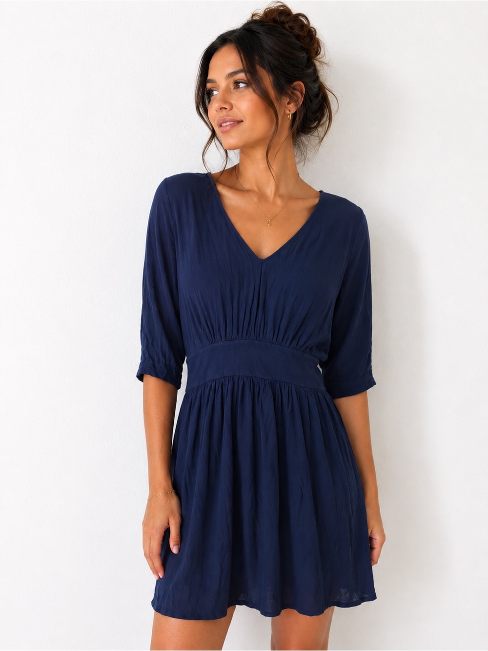 Michael Stars Navy V-Neck Cinched Waist Dress